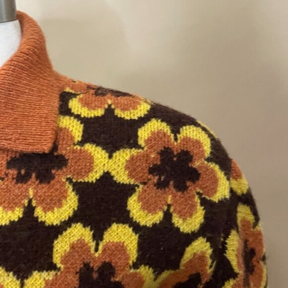 ZARA Daisy Flower 70's Vibe Brown & yellow Collar Knit Cardigan Sweater - Picture 2 of 7